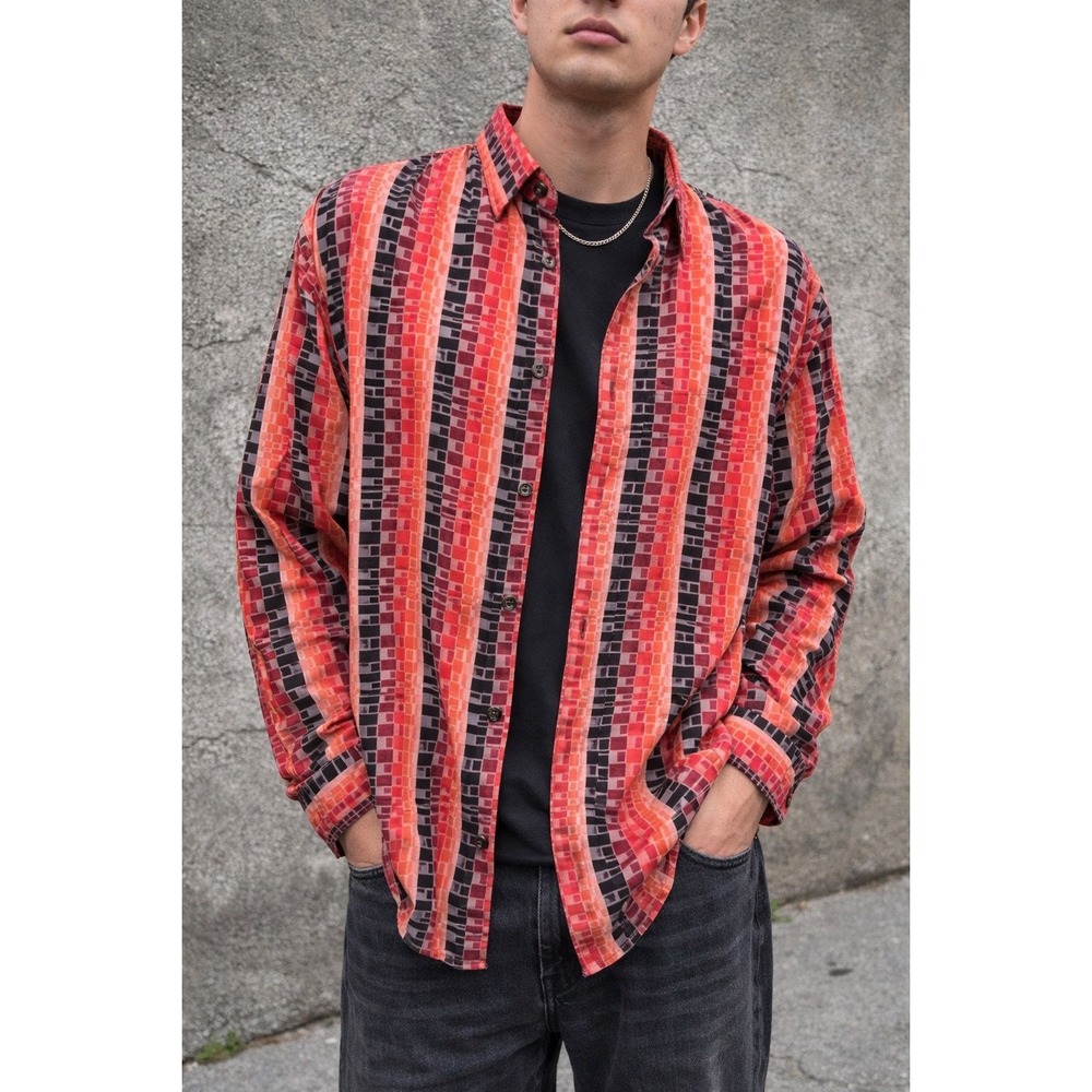 Retro Geometric Button Down Shirt size Large Orange Red Indie Grunge 90s Style